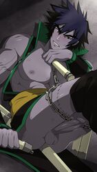 1boy black_eyes black_hair blush chains chinese_clothes clenched_teeth clothing erection insertion lee_pai_long male male_only mazjojo nipples nunchaku penis purple_skin shaman_king solo stitches testicles