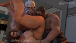 3boys 3d age_difference anal anilingus animated bara blackwatch_reyes blizzard_entertainment cole_cassidy fellatio gay gif handjob holding_penis male multiple_boys muscle nude overwatch reaper reinhardt rimming sfmtraining source_filmmaker sucking threesome top-down_bottom-up topless yaoi