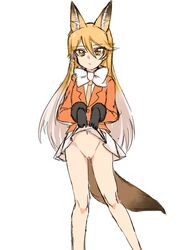 animal_ears artist_request black_gloves blonde_hair bowtie extra_ears ezo_red_fox_(kemono_friends) female female_only fox_ears fox_tail fur-trimmed_sleeves fur_trim gloves kemono_friends lifted_by_self long_hair long_sleeves looking_at_viewer multicolored_hair navel necktie no_panties pussy shirt simple_background sketch skirt skirt_lift solo standing tail uncensored white_background white_hair yellow_eyes