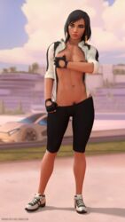 3d abs bare_calves black_eyes black_hair blender breasts calves covering covering_breasts dark-skinned_female dark_skin female female_pubic_hair fingerless_gloves gloves high_resolution jacket muscle muscular_female navel nipples oasis_(map) open_clothes open_jacket overwatch pharah pharah-best-girl pubic_hair running_shoes sportswear teasing