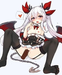 anchor azur_lane belt black_legwear blush breasts censored chains disembodied_penis fangs female garter_belt hair_ornament hair_ribbon heart highres long_hair looking_at_viewer mou_tama_maru open_mouth penis pussy_juice red_eyes ribbon sex simple_background small_breasts solo spoken_heart spread_legs tears thighhighs twintails vampire_(azur_lane) white_background wings