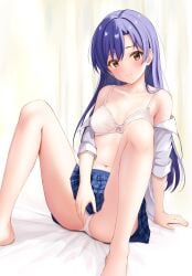 absurdres alternate_breast_size bare_legs bed_sheet blue_hair blue_skirt blush bra breasts ca_paria cameltoe collarbone commentary_request curtains female highres idolmaster idolmaster_(classic) idolmaster_million_live! indoors kisaragi_chihaya knees_up looking_at_viewer medium_breasts navel open_clothes open_shirt panties plaid_clothes plaid_skirt pleated_skirt shirt sitting skirt smile solo spread_legs underwear white_bra white_panties white_shirt