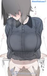 1boy against_table artist_name black_hair blush bottomless breasts closed_mouth clothes_lift commentary_request cunnilingus faceless faceless_male female girls_und_panzer hair_over_eyes impossible_clothes jacket large_breasts leg_grab long_sleeves mochi_(mochiokomet) motion_lines nishizumi_maho open_clothes open_jacket oral short_hair simple_background solo_focus straight sweat table trembling twitter_username white_background