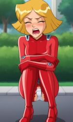 ai_generated ass bigmic145 bodysuit breasts clover_(totally_spies) exposed_crotch female medium_breasts orange_hair panties ripped_clothing solo_female totally_spies wardrobe_malfunction