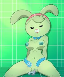 2017 anthro areola black_eyes breasts clitoris female fur green_fur half-closed_eyes lagomorph lonbluewolf looking_at_viewer mammal nipples octonauts open_mouth pussy rabbit solo tools tweak_(octonauts) wrench