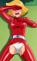 ai_generated ass bigmic145 bodysuit breasts clover_(totally_spies) exposed_crotch female medium_breasts orange_hair panties ripped_clothing solo_female totally_spies wardrobe_malfunction