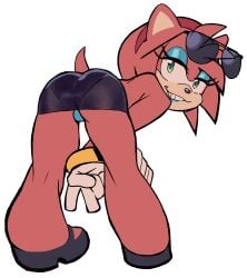 amy_rose backless_outfit bent_over blue_eyeshadow blue_lipstick blue_panties clubbing dancer_outfit goat_fella hands_on_knees lipstick miniskirt pantylines sonic_(series) sonic_the_hedgehog_(series) sunglasses sunglasses_on_head v_sign visible_panties