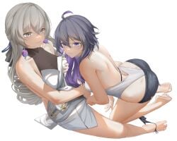 2girls absurdres bare_arms barefoot black_hair black_panties black_shorts breasts bronya_rand chinese_commentary closed_mouth clothes_lift commentary_request dress dress_lift earrings female_masturbation grabbing_own_breast grey_eyes grey_hair highres honkai:_star_rail honkai_(series) jewelry long_hair masturbation multicolored_hair multiple_girls panties panties_around_one_ankle purple_eyes purple_hair seele_(honkai:_star_rail) shirt shorts simple_background smile toes two-tone_hair underwear white_background white_dress white_shirt xxx_(pixiv_43787258) yuri