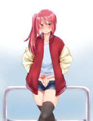 1boy black_legwear blue_shorts blush censored closed_mouth crossdressing erection hands_in_pockets highres jacket legs_crossed letterman_jacket long_hair looking_to_the_side male mosaic_censoring nose_blush open_clothes open_shorts original penis pink_hair pink_lips purple_eyes riichi_(rouchi) shirt short_shorts shorts side_ponytail standing thighhighs trap white_shirt