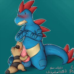 2017 asbel_lhant_(artist) balls blush bodyjob feraligatr grin knot leaking lizard male masturbation nintendo penis penis_hug pokémon_(species) pokemon precum reptile sandile scalie shy simple_background size_difference small_dom_big_sub smile spikes tapering_penis yaoi