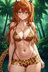 1girl ai-created ai_generated animal_print asuka_langley_sohryu bangs bare_arms bare_shoulders bikini bikini_shorts blue_eyes blush boyshorts breasts brown_hair cameltoe clavicle cleavage closed_mouth clothing cowboy_shot day female female_only forest hair_between_eyes hair_ornament halterneck headgear headwear high_resolution interface_headset jungle large_breasts leopard_print linea_alba long_hair looking_at_viewer medium_breasts nature navel neon_genesis_evangelion orange_hair outdoors palm_tree pixiv plant rena_aikawa_(pixiv_user) shiny short_shorts shorts sky smile solo stable_diffusion standing stomach swimsuit tail thigh_gap thighs tied_hair tree tribal_clothing very_long_hair water yellow_bikini yellow_swimsuit