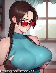 1girls 2d ai_generated breasts brown_eyes brown_hair lara_croft lara_croft_(classic) lara_croft_(survivor) large_breasts long_hair looking_over_eyewear looking_over_sunglasses no_bra patreon_username ponytail ponytails presenting_breasts ryogangg sunglasses tank_top tinted_eyewear tomb_raider