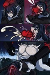 1girls bell_bearing_hunter big_breasts blood blood_on_penis breasts censored comic_page corpse crying death death_by_penis elden_ring elden_ring_nightreign excessive_cum female_death fire_background gore guro hole_in_head large_dick mosaic_censoring necrophilia penis_on_head penis_through_head reverse_blowjob skarma skull_fucking snuff straight tears undertaker_(nightreign)