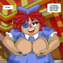 big_breasts button_eye button_eyes button_nipples cleavage dialogue dress exposed_breasts eyelid female lifted_shirt looking_at_viewer nasiri_(artist) partial_nudity patches ragatha_(the_amazing_digital_circus) ragdoll red_hair tease teasing the_amazing_digital_circus thicc