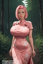 ai_generated big_breasts dress female forest green_eyes huge_breasts milf naruto naruto_(series) pink_hair proxyarts qipao sakura_haruno solo solo_female voluptuous