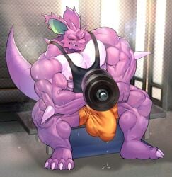 2025 anthro areola barazoku barefoot biceps big_bulge big_muscles bodily_fluids bottomwear bulge claws clothed clothing deltoids detailed_bulge dumbbell exercise feet generation_1_pokemon genital_fluids genital_outline holding_object horn huge_bulge huge_muscles inside kajon_art kemono looking_at_viewer male manly muscular muscular_anthro muscular_male musk nidoking nintendo nipples pecs penis_outline pokemon pokemon_(species) precum precum_through_clothing shirt shorts sitting smile solo spikes spikes_(anatomy) sweat tank_top teeth thick_arms thick_thighs topwear triceps vein weightlifting weights wet wet_clothing workout