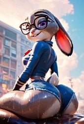 1boy 1girls ai ai_generated big_ass black_glasses furry judy_hopps looking_at_viewer medium_penis purple_eyes reverse_cowgirl_position smiling smiling_at_viewer wet