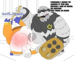 anthro bear butt_slap domestic_cat duo felid feline felis generation_3_pokemon generation_6_pokemon giant_panda hi_res male male/male mammal nintendo paddle pangoro pokemon pokemon_(species) police police_badge police_officer prisoner slap spanking zangoose