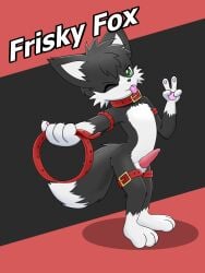 3:4 animal_genitalia animal_penis anthro arm_belt balls belt biped black_body black_fur blep bodily_fluids canid canine canine_genitalia canine_penis collar collar_only english_text erection fluffy fluffy_tail fox frisky_fox_(friskykitsune) friskykitsune fur genital_fluids genitals gesture gesturing_at_viewer hand_gesture hi_res inviting knot leg_belt looking_at_viewer male mammal nude one_eye_closed only_male paws penis precum sheath simple_background smile smiling_at_viewer solo standing tail text tongue tongue_out v_sign white_body white_fur wink