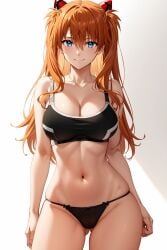 1girl ai_generated arms_at_sides asuka_langley_sohryu bangs bare_arms bare_shoulders black_bra black_clothes black_panties black_underwear blue_eyes blush bow bow_panties bra breasts brown_hair cameltoe clavicle cleavage closed_mouth clothing cowboy_shot eyebrows eyebrows_visible_through_hair female female_only gluteal_fold groin hair_between_eyes hair_ornament headgear headwear high_resolution interface_headset large_breasts lingerie long_hair looking_at_viewer medium_breasts midriff navel neon_genesis_evangelion orange_hair pantsu pixiv rena_aikawa_(pixiv_user) shiny simple_background skindentation smile solo sports_bra sportswear stable_diffusion standing stomach thigh_gap thighs tied_hair two_side_up underwear underwear_only very_long_hair white_background