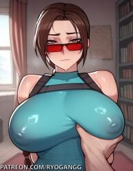 1girls 2d ai_generated breasts breasts brown_eyes brown_hair clothed grabbing_breasts lara_croft lara_croft_(classic) lara_croft_(survivor) large_breasts long_hair no_bra patreon_username ponytail ponytails ryogangg tank_top tomb_raider