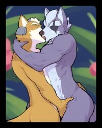 2boys abs animal_ears claws closed_eyes completely_nude english_commentary eyepatch fox_boy fox_ears fox_mccloud fox_tail french_kiss furry furry_male highres jrjresq kissing male_focus multiple_boys muscular muscular_male nude open_mouth scar scar_across_eye star_fox tail wolf_boy wolf_ears wolf_o'donnell wolf_tail yaoi