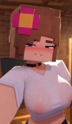 ai_generated blue_eyes blush brown_hair flower_in_hair glory_wall jenny_belle jenny_belle_(slipperyt) minecraft see-through_clothing selfie white_shirt