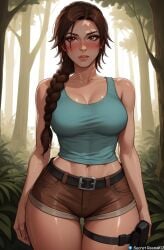 1female ai_generated big_breasts big_hips blush breasts brown_eyes brown_hair female front_view lara_croft lara_croft_(survivor) mature_female mature_woman pony_diffusion_xl secret_room12 shiny_skin stable_diffusion standing tomb_raider video_game video_game_character video_games