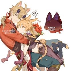 3boys aether_(genshin_impact) angry_face bunny_ears chibi childe_(genshin_impact) dog_ears genshin_impact happy hug long_hair silly silly_face thoma_(genshin_impact) white_background yaoi yellow_eyes yellow_hair