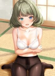 :o absurdres arms_under_breasts black_pantyhose blush bob_cut bra breasts ca_paria collarbone commentary_request crossed_arms female green_hair heterochromia highres idolmaster idolmaster_cinderella_girls indoors looking_at_viewer medium_breasts mole mole_under_eye panties panties_under_pantyhose pantyhose shouji sitting sliding_doors solo takagaki_kaede tatami underwear wariza white_bra white_panties