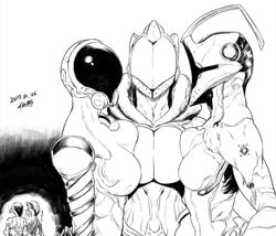 5girls bodysuit breast_envy breast_press breasts character_request dated helmet large_breasts mag_(warframe) medium_breasts monochrome multiple_girls nyx_(warframe) saryn_(warframe) signature symmetrical_docking trinity_(warframe) tsukudani_(coke-buta) warframe