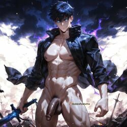 1boy abs ai_generated bangs bara bare_pectorals big_balls big_black_cock big_cock big_dick big_penis big_testicles big_thighs black_coat black_hair black_jacket black_penis blue_eyes bush bushy_pubes closed_mouth cloud cloudy_sky coat daddy erection exposed_nipples exposed_torso flaccid glowing glowing_eyes goldenfieldszho holding holding_sword holding_weapon jacket large_pectorals looking_at_viewer male_focus male_pubic_hair muscular muscular_male naked_coat navel nipples open_clothes outdoors pectorals penis pubic_hair seductive seductive_look seductive_pose seductive_smile short_hair sky smile solo solo_leveling sung_jin_woo sweat sweatdrop sweating sweaty sweaty_body sword testicles thick_thighs thighs uncensored veins veiny veiny_arms veiny_penis weapon