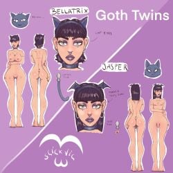 1boy 1girls 2022 ass bat_ears bellatrix_(slickvic) breasts buttplug buttplug_tail cat_ears cat_tail cat_tail_buttplug character_sheet choker completely_nude earrings female female_symbol flaccid flat_chest front_and_back goth goth_femboy goth_girl jasper_(slickvic) male male_symbol nipple_piercing nipples nude nude_female nude_femboy penis piercing piercings slickvic tail thigh_gap tramp_stamp twins wide_hips