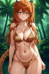 1girl ai-created ai_generated animal_print asuka_langley_sohryu bangs bare_arms bare_shoulders bikini blue_eyes blush breasts brown_hair clavicle cleavage closed_mouth clothing cowboy_shot day female female_only forest groin hair_between_eyes hair_ornament halterneck headgear headwear high_resolution interface_headset jungle large_breasts leopard_print linea_alba long_hair looking_at_viewer medium_breasts nature navel neon_genesis_evangelion orange_hair outdoors palm_tree plant rena_aikawa_(pixiv_user) shiny shiny_skin skindentation sky smile solo standing stomach string_bikini swimsuit tail thigh_gap thighs tied_hair tree tribal_clothing two_side_up very_long_hair water yellow_bikini yellow_swimsuit