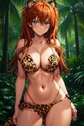 1girl ai-created ai_generated animal_ears animal_print animal_tail asuka_langley_sohryu bangs bare_arms bare_shoulders bikini blue_eyes blush breasts brown_hair clavicle cleavage closed_mouth clothing cowboy_shot day female female_only forest hair_between_eyes hair_ornament halterneck high_resolution interface_headset jewelry jungle large_breasts leopard_print long_hair looking_at_viewer medium_breasts nature navel neon_genesis_evangelion orange_hair outdoors palm_leaf palm_tree pixiv plant print_bikini print_swimsuit rena_aikawa_(pixiv_user) sarong shiny shiny_skin skirt sky smile solo standing stomach string_bikini striped swimsuit tail thighs tied_hair tiger_ears tiger_print tiger_tail torn_bikini torn_clothes torn_skirt torn_swimsuit tree tribal_clothing very_long_hair