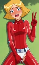 ai_generated ass bigmic145 bodysuit breasts clover_(totally_spies) exposed_crotch female medium_breasts orange_hair panties ripped_clothing solo_female totally_spies wardrobe_malfunction