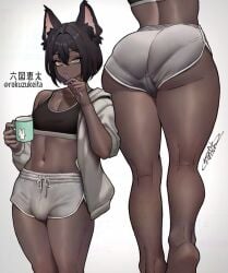 1boy animal_ears ass barefoot black_hair brushing_teeth bulge bulge_under_clothes crop_top dark_skin femboy loungewear male_only midriff rokuzukeita short_hair shorts solo_male thighs