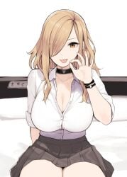 1girls black_choker blonde_hair breasts brown_skirt button_gap choker cleavage collared_shirt commentary_request eyes_visible_through_hair fellatio_gesture female gyaru hair_over_one_eye heart heart_choker highres huge_breasts long_hair looking_at_viewer miniskirt nino_(sunaba_suzume) on_bed orange_eyes original piercing pleated_skirt school_uniform shirt sitting skirt sleeves_rolled_up smile solo sunaba_suzume tongue tongue_out tongue_piercing white_shirt wing_collar wristband