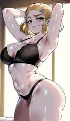 1girls 2d 2d_(artwork) ai_generated arms_behind_head big_ass big_breasts black_bra black_panties blonde_hair cameltoe civitai curvy curvy_figure dug-lith-pls green_eyes hair_clips hair_ornament navel nintendo pink_lipstick princess_zelda shiny_skin short_hair smile smiling_at_viewer solo solo_female solo_focus sweat tears_of_the_kingdom the_legend_of_zelda the_legend_of_zelda:_tears_of_the_kingdom thiccwithaq_(ai_style) thick_ass thick_thighs voluptuous voluptuous_female zelda_(tears_of_the_kingdom)