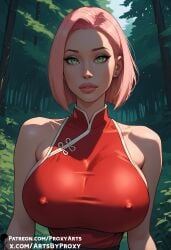 ai_generated big_breasts female forest green_eyes huge_breasts milf naruto_(series) pink_hair proxyarts sakura_haruno solo solo_female voluptuous