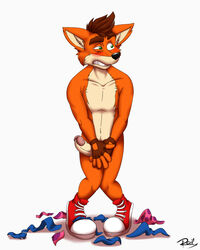 anthro bandicoot blush boxers_(clothing) chest_tuft clothing crash_(series) crash_bandicoot erection inner_ear_fluff male male_only mammal marsupial nude penis red_lynx signature solo tuft underwear unwanted_erection video_games