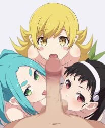 1boy 3girls ai_generated bakemonogatari black_hair_female blonde_hair_female blush_stickers censored_penis censored_testicles eyebrows_visible_through_hair green_eyes_female hachikuji_mayoi licking_penis looking_at_partner multiple_girls na-suke navel ononoki_yotsugi open_mouth oshino_shinobu pov_eye_contact red_eyes_female sucking_testicles tongue_out turquoise_hair_female white_hairband yellow_eyes_female