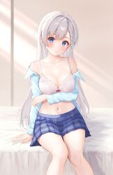 absurdres arm_under_breasts asymmetrical_bangs blue_eyes blue_shirt blue_skirt blush bow bow_bra bra braid braided_bangs breasts ca_paria cleavage closed_mouth collarbone commentary_request female grey_hair highres hisakawa_hayate idolmaster idolmaster_cinderella_girls indoors long_hair long_sleeves looking_at_viewer medium_breasts navel open_clothes open_shirt pink_bra plaid_clothes plaid_skirt pleated_skirt shirt sitting skirt smile solo underwear white_bra