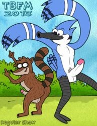 2013 anthro ass avian balls bird blue_jay cartoon_network corvid dancing duo erection humanoid_penis male male_only mammal mordecai nude outside penis procyonid raccoon regular_show rigby signature tbfm