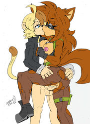 akatsukishiranui-fox anthro ass blonde_hair blue_eyes boots bottomless breasts brown_fur brown_hair butt_grab canine clothed clothed_sex clothing cum duo erection eye_contact female fineeve_the_wolf_soldier footwear fur gloves hair half_naked hand_on_ass holding_(disambiguation) kissing long_hair male male_penetrating mammal monkey nipples penetration penis primate pussy rik_the_spider_monkey sex spider_monkey straight torn_clothing wolf yellow_fur