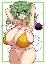 1girls bottomless bra breasts female green_eyes green_hair huge_breasts koishi_komeiji pussy short_hair solo solo_female third_eye touhou uncensored yellow_bra