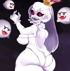 1girls 2010s 2018 3boys ass_focus back_view big_breasts black_background black_sclera boo_(mario) boosette crown digital_media_(artwork) eyeliner fat_ass frilled_gloves frilled_neckwear ghost ghost_girl gloves king_boo leotard looking_at_viewer looking_back mario_(series) nipple_bulge open_mouth paperrose power_up power_up_girl purple_tongue red_eyes rule_63 sharp_teeth short_hair sideboob thighs transparent_hair white-skinned_female white_eyebrows white_hair white_skin