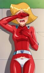 ai_generated ass belt belt_buckle bigmic145 blush bodysuit breasts clover_(totally_spies) crying exposed_crotch female gloves heart-shaped_buckle heart_buckle medium_breasts orange_hair panties ripped_clothing solo_female tears totally_spies wardrobe_malfunction