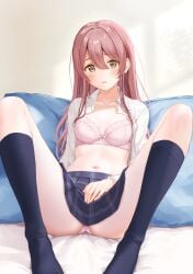 absurdres blue_skirt blue_socks blush bow bow_bra bra breasts ca_paria commentary_request female female_masturbation highres idolmaster idolmaster_shiny_colors indoors kneehighs knees_up long_hair long_sleeves looking_at_viewer masturbation masturbation_through_clothes medium_breasts navel on_bed open_clothes open_mouth open_shirt osaki_tenka panties panty_peek pink_bra pink_panties pleated_skirt red_hair shirt sitting skirt socks solo spread_legs stomach underwear white_shirt yellow_eyes