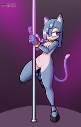 anthro blue_body bondage bound clothing collar cuff_(restraint) dancing domestic_cat energy_bondage fan_character felid feline felis female footwear footwear_only fours_(artist) fourssss genitals high_heels high_heels_only looking_at_viewer mammal mostly_nude pole pole_dancing purple_eyes pussy raised_leg restraints rime_the_cat sega shoes solo sonic_(series) sonic_the_hedgehog_(series) stripper_pole wrist_cuffs